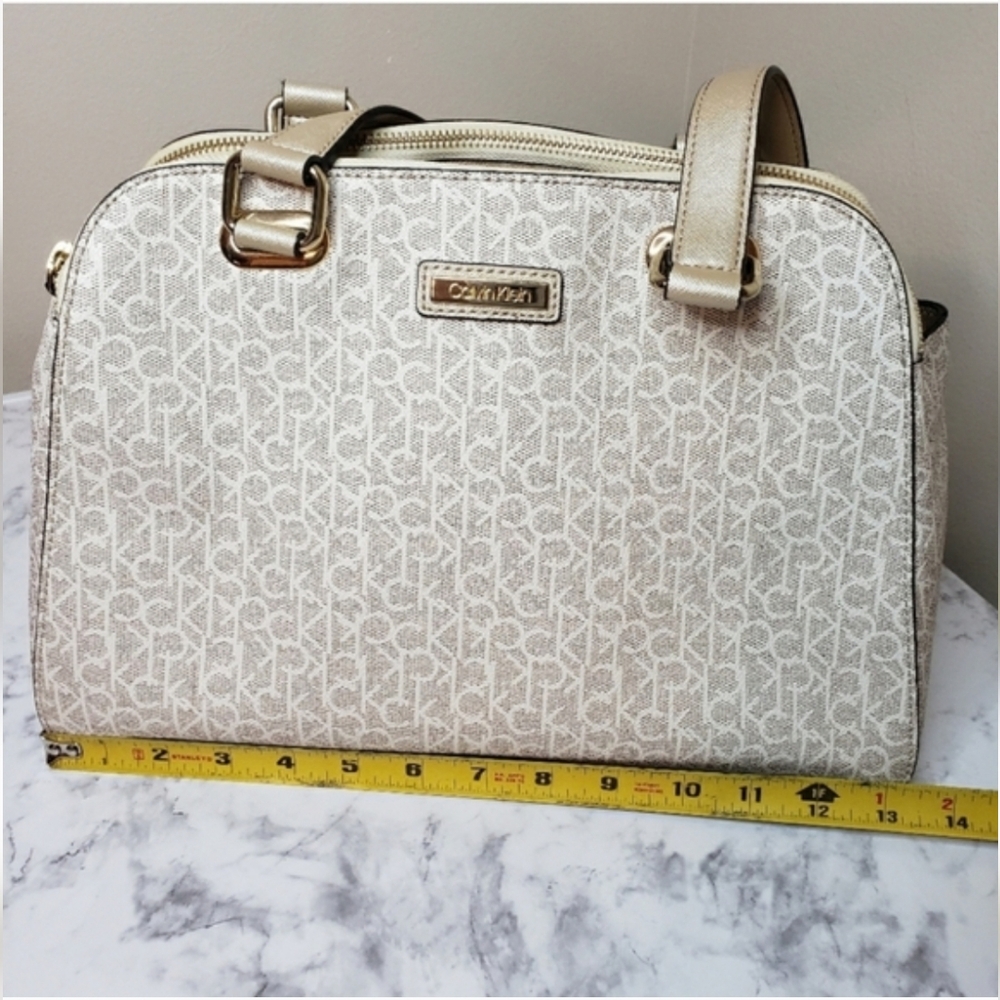 Calvin Klein Large Almond Monogram Satchel - Like New | Metallic Gold & Cream - Picture 8 of 16